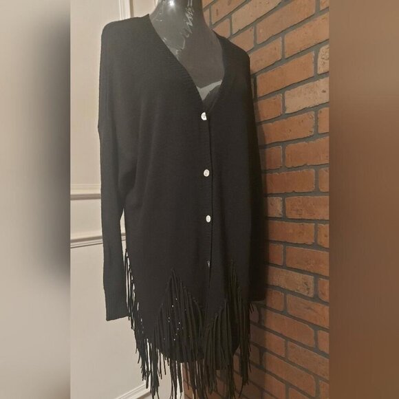 Interdee Paris Fringe Hem Cardigan Black Knit Button Front Boho Western - Picture 1 of 11